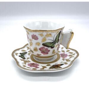 CC&T For Coffee & Tea Porcelain Butterfly Demitasse Tea Cup & Saucer 2.25" Tall